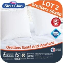BLEU CALIN Lot De 2 Oreillers Santé Anti-acariens 60x60 Cm Blanc
