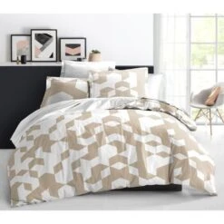 LOVELY HOME Parure De Couette Khol - 1 Housse De Couette 240x260 Cm + 2 Taies 65x65 Cm Volant Plat Piqué - 54 Fils - Sable