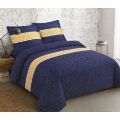 VISION Parure De Couette Basile 100% Coton - 220 X 240 Cm - Bleu Marine Et Jaune