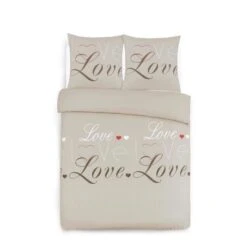 VISION Parure Housse De Couette Flanelle Love 100% Coton - 240x220 Cm - Beige