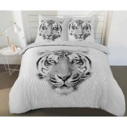 VISION Parure Housse De Couette Flanelle Tigre 100% Coton - 140x200 Cm - Gris